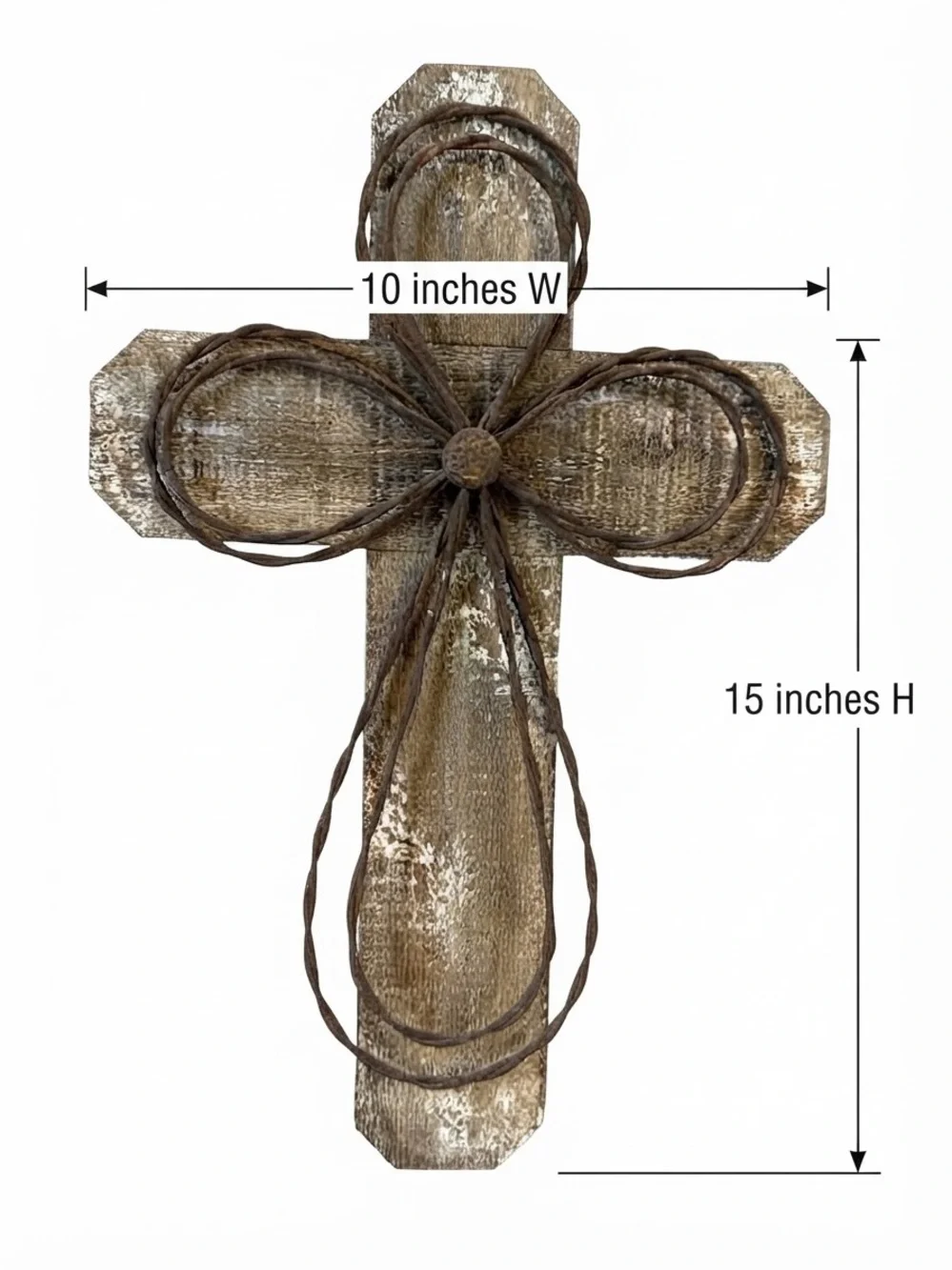 Handcrafted rustic wall cross made from distressed wood and twisted metal wire